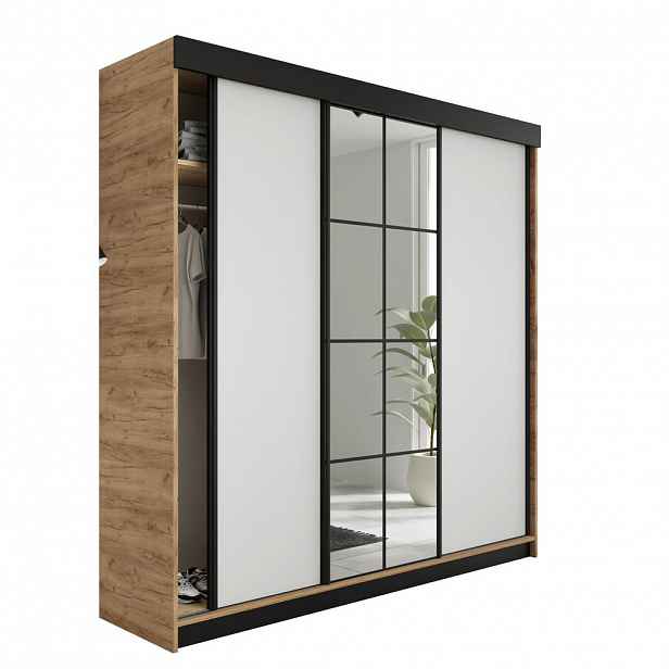 Kier Furniture POSUVNÁ ŠATNÍ SKŘÍŇ LAMARO 200x205x59cm - Dub Craft & Bílá