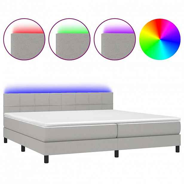 vidaXL Box spring postel s matrací a LED světle šedá 200x200 cm textil