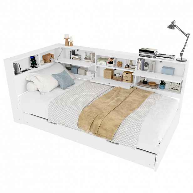 CHICFURN VÝSUVNÁ POSTEL 90/200 cm & 90/190 cm v bílé barvě s úložným prostorem, USB a Type-C