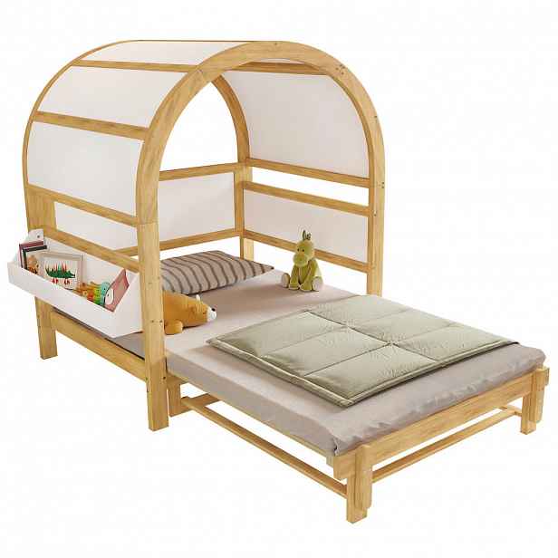 CHICFURN DOMEČKOVÁ POSTEL 140/200 cm v bílé a přírodní barvě s výsuvným lůžkem a odkládací plochou