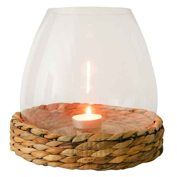 Skleněný svícen/ váza Avril s pleteným podnosem z vodního hyacintu - Ø 28*26cm Mars & More