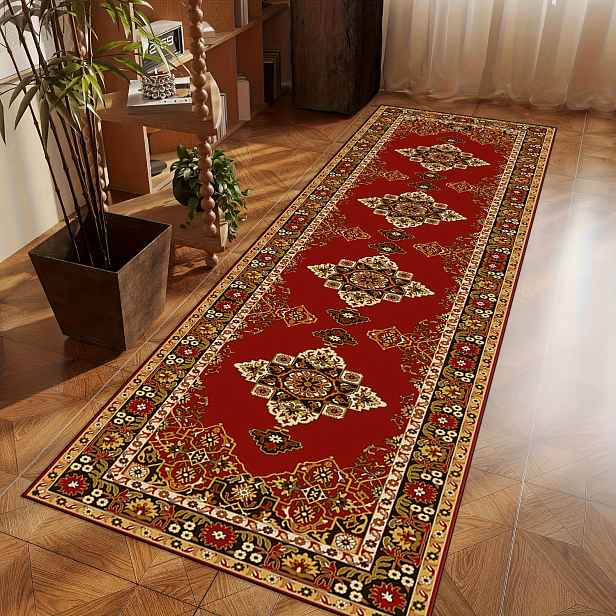 TEMU Elegantní vintage perská flanelová podlahová rohož s propracovaným červeno-zlatým květinovým vzorem - pratelná v pračce, vhodná pro domácí