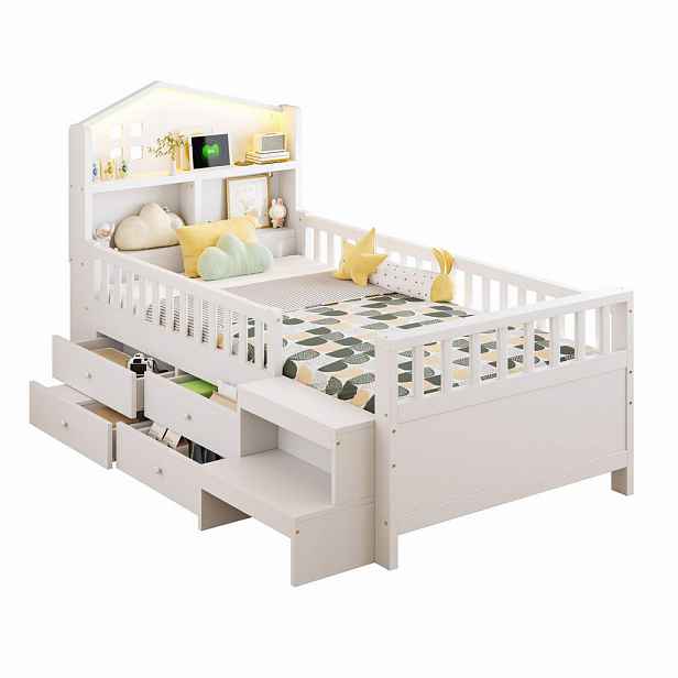 CHICFURN DĚTSKÁ POSTEL 90/200 cm v bílé barvě se 4 zásuvkami, LED, USB a Type-C