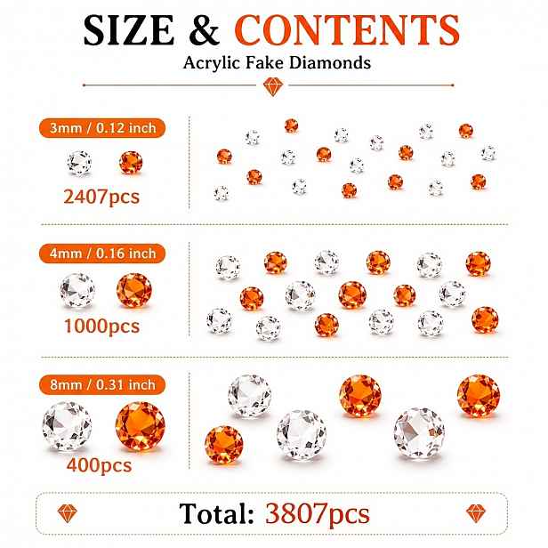 TEMU 3807 ks akrylových oranžových falešných diamantů, výplň do váz, domácí dekorace, dekorace do sprchy, venkovní zahradní dekorace, svatební dárky,