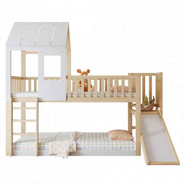 CHICFURN PATROVÁ POSTEL 90/200 cm v přírodní a bílé barvě se skluzavkou a střechou