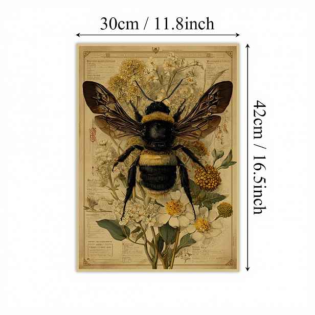 TEMU 1 ks Vintage Botanický Tisk s Čmelákem a Květinami - Rustikální Plakát na Béžovém & Hnědým Papíru se Zlatou Akcentacemi Bezrámová Vertical