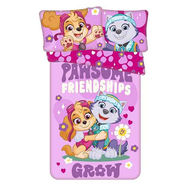 Růžové bavlněné dětské povlečení do postýlky 100x135 cm Paw Patrol "Pawsome friendships grow" – Jerry Fabrics