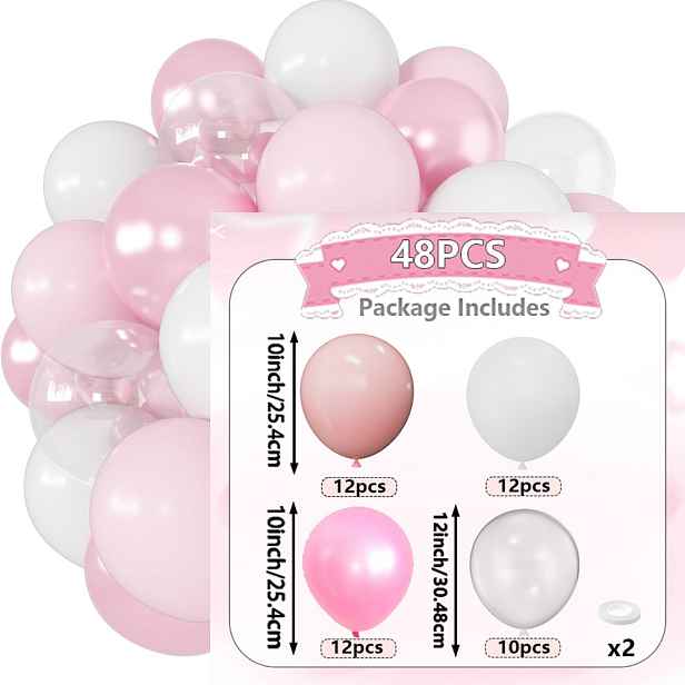 TEMU Sada 48 latexových balónků, včetně: Maca Pink, Matná bílá, Transparentní, Perleťové balónky (obsahuje 2 popruhy) Sladký a atmosférický styl,