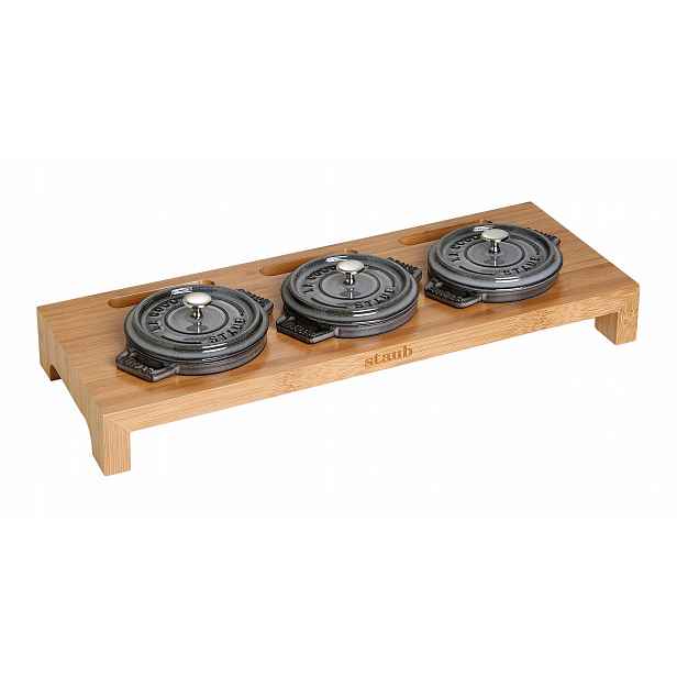 Staub bambusová podložka na 3 mini cocotte 10 cm, stojan 42 x 16 cm
