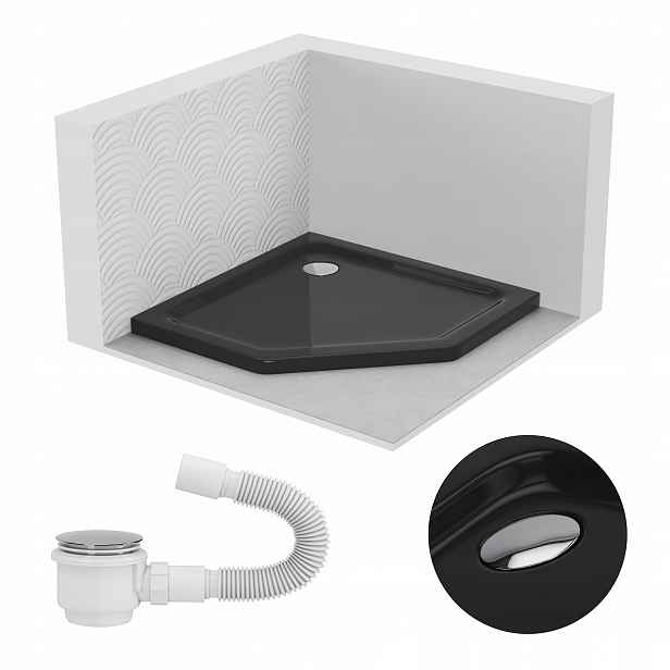 Sprchová Vanička Pětiúhelníková 90x90 Slim Nízká 5 CM Černá Černý Sifon