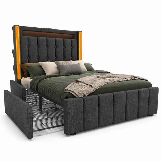 CHICFURN ČALOUNĚNÁ POSTEL 90/200 cm v šedé barvě s matrací, LED, USB-C a 2 zásuvkami