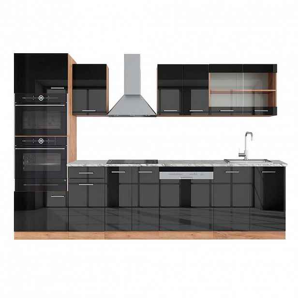 Vicco KUCHYŇSKÝ KOUT R-Line Antracitový vysoký lesk/zlatý dub power 300 cm s vysokou skříní, PD Mramor