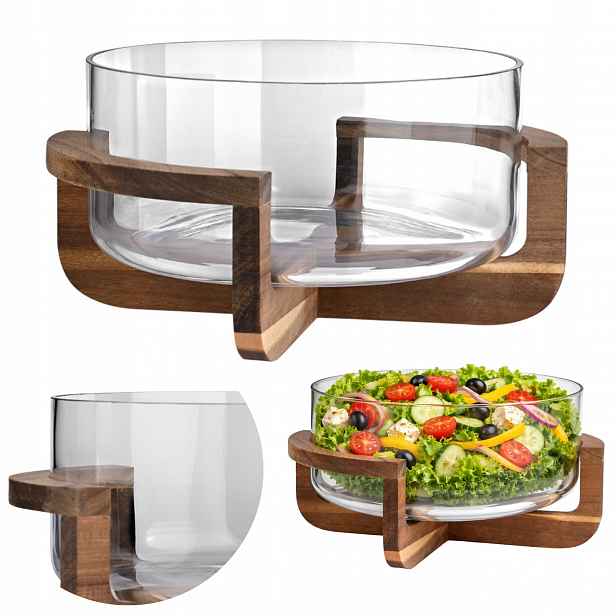 Skleněná Velká Miska na salát 30 cm na dřevěném podstavci Boho moderní