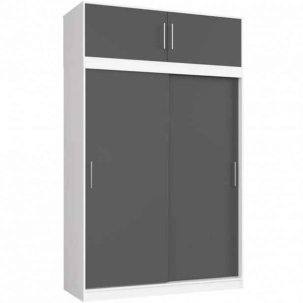 Prostorná šatní skříň 150 cm VALESTRA s nástavcem - bílá / tmavě šedá