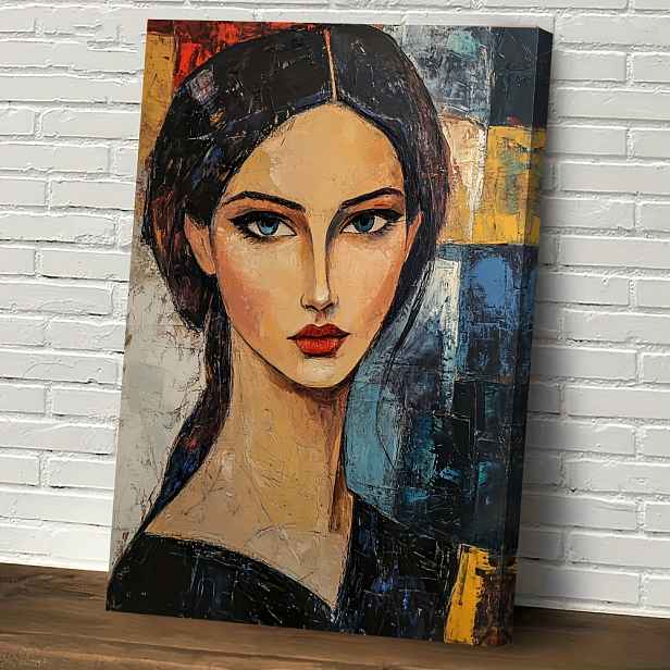 TEMU 1ks Modigliani-Inspirovaný Abstraktní Portrét na Plátěném Obrazu s Dřevěným Rámem, 11,8x15,7 Palce – Vibrantní Profil Ženy v Černém, Silné