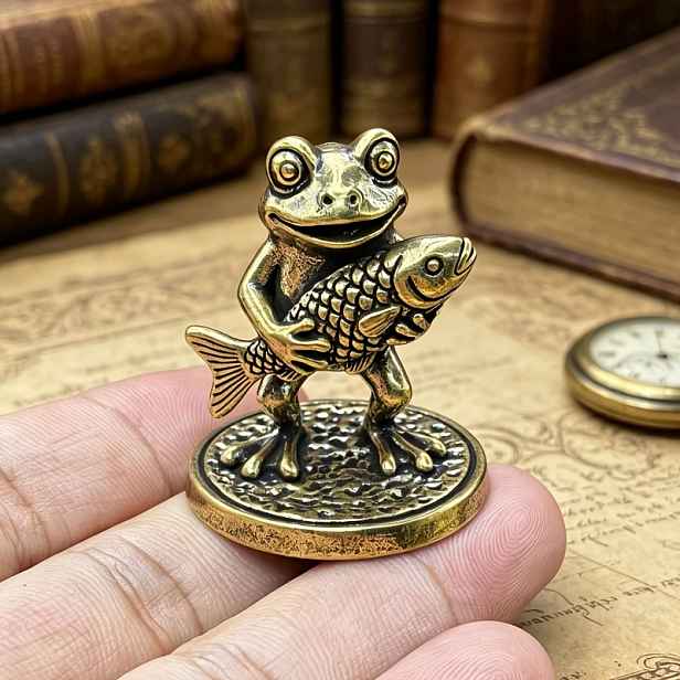 TEMU Vintage soška žáby z masivní mosazi držící rybu, kreativní a zábavná kreslená stojící žába jako dekorace na stůl, s jasnými a trojrozměrnými