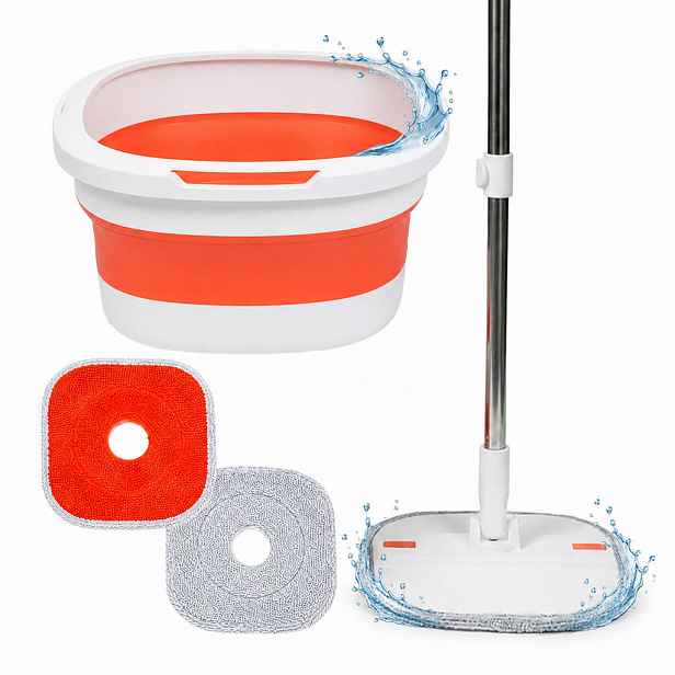 Relaxdays MOP Bílá Oranžová skládací kbelík ždímací systém 3,8 l 2ks-sada padů