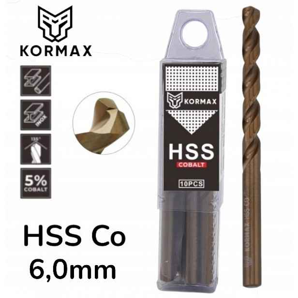 Vrták do kovu 6,0 mm Hss Co5 kobaltový op 10 ks DIN338 Kormax