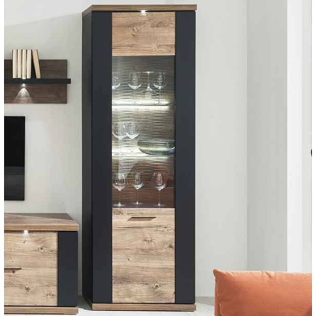 Vysoká vitrína Boston, černá/dub ribbeck, s osvětlením, pravá