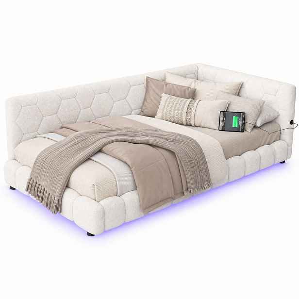 CHICFURN DENNÍ POSTEL 90/200 cm v bílé barvě s LED osvětlením, USB a Type-C