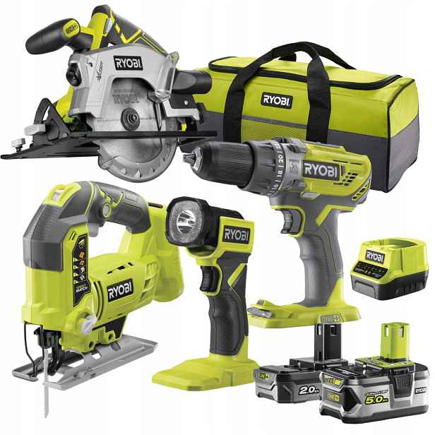 Sada 4 nástrojů Ryobi RCK184-52S 18V 2x Aku 5 Ah a 2 Ah Nabíječka taška