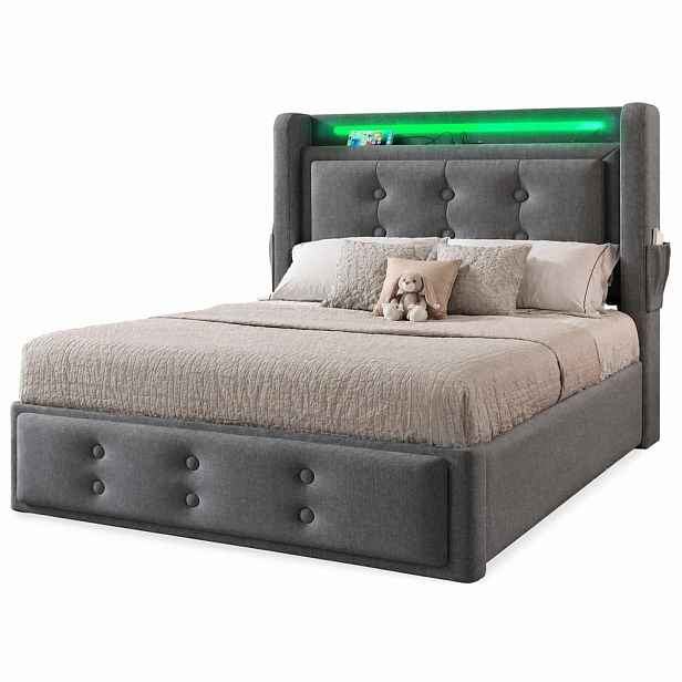 CHICFURN ČALOUNĚNÁ POSTEL 90/200 cm v šedé barvě s LED, USB-C a úložným prostorem