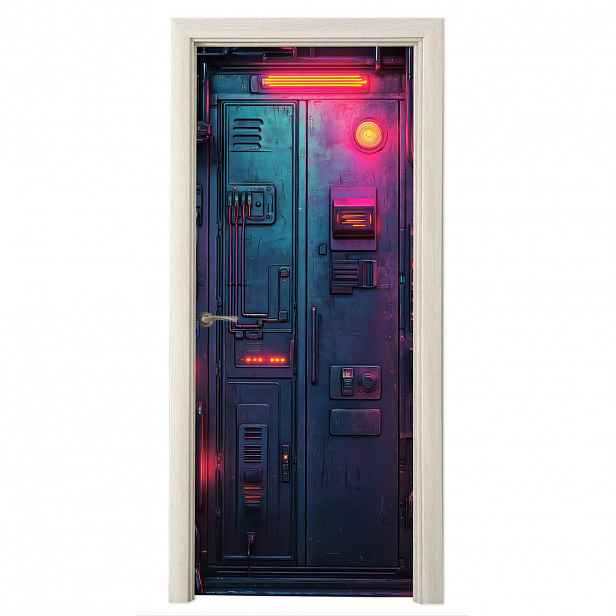MuchoWow SAMOLEPKA NA DVEŘE Dveře - futuristické - modré - růžové - neonové 90x205