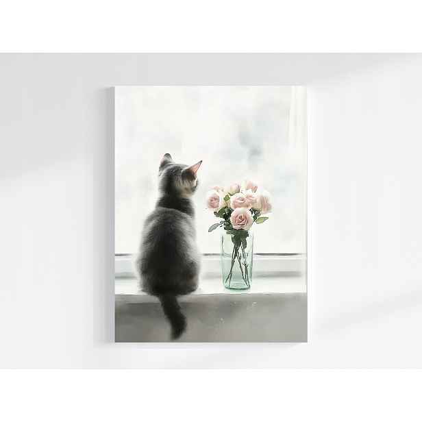 Obraz Na Plátně Canvas Kočka Květiny Okno Růžové Růže Minimalismus 60x80