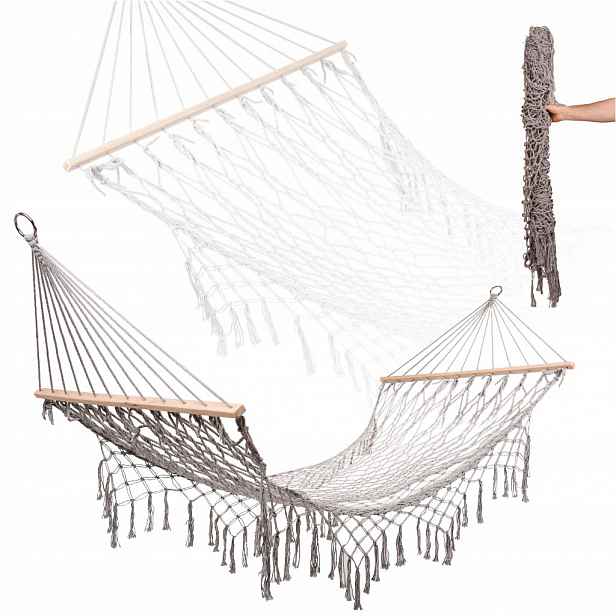 Zahradní houpací síť Makramé Závěsná Lehátko Boho Třásně 200 cm Šedá Velká