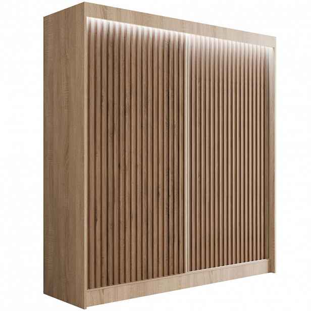 ALTDECOR ŠATNÍ SKŘÍŇ s LED, lamelovými posuvnými dveřmi VILANv2 – 200 cm Sonoma dub + Sonoma dub + lamely z dubu wotan