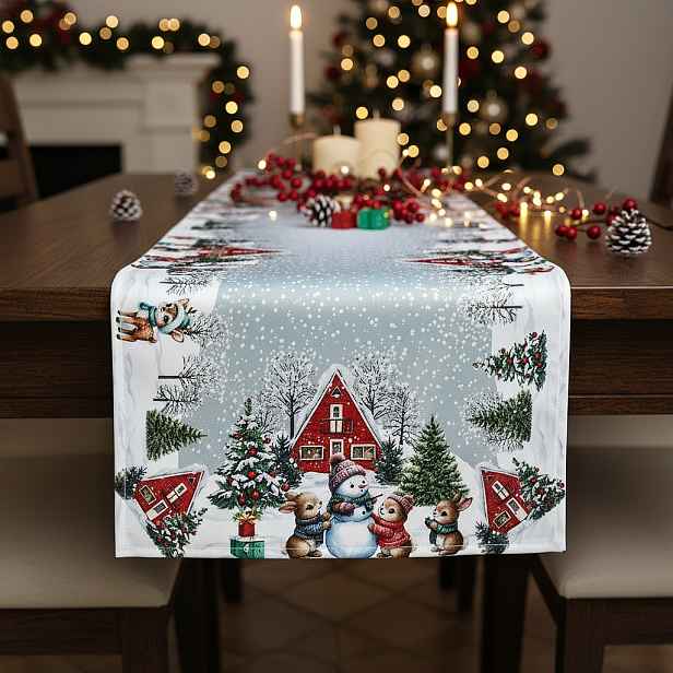 Vánoční běhoun na stůl SNOWMANS FRIENDS 40x140 cm