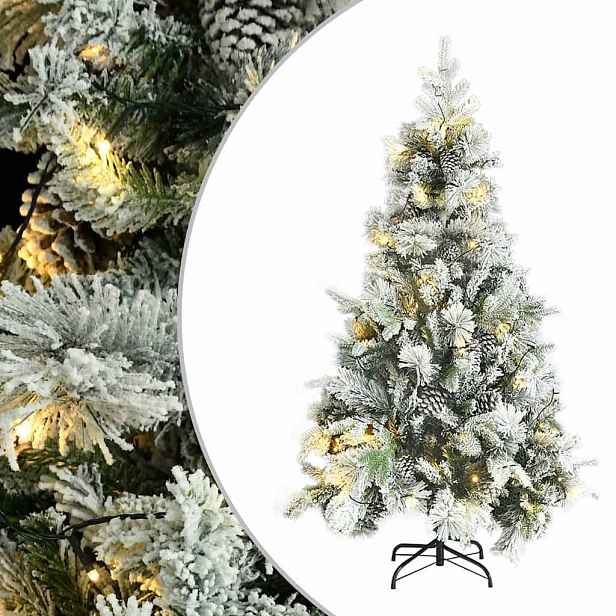 vidaXL Vánoční stromek s LED zasněžený s šiškami 195 cm PVC a PE