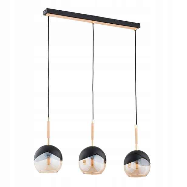 Závěsná lampa trojitá, černá, zlatá, skleněné, jantarové koule 70 cm Alfa