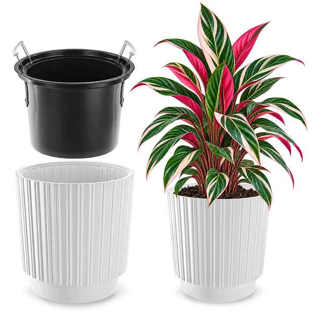 Květináč Květináč 40cm Obal Na Květináč S Vkladem Plastový Záhon Bílý