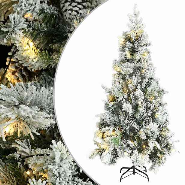 vidaXL Vánoční stromek s LED zasněžený s šiškami 225 cm PVC a PE