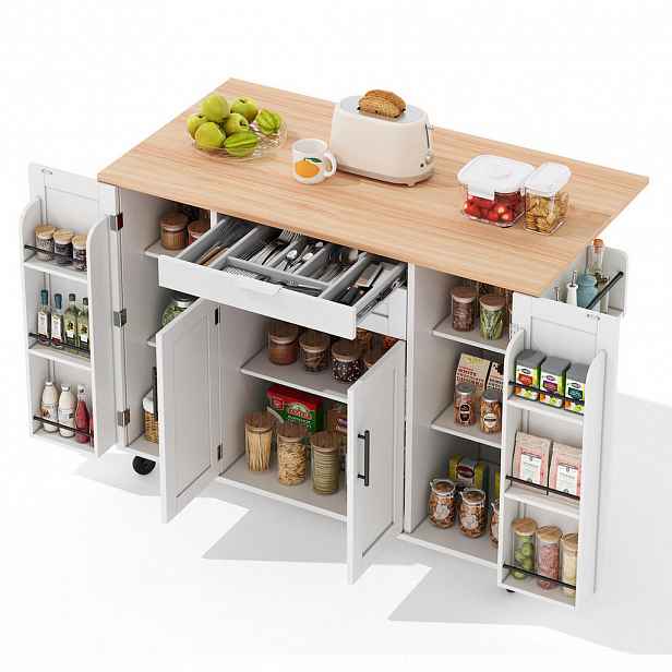 Modfu KUCHYŇSKÝ ostrůvek z MDF 136x70x92 cm bílý/přírodní na kolečkách s výsuvnou deskou, skrytou zásuvkou a úložným prostorem