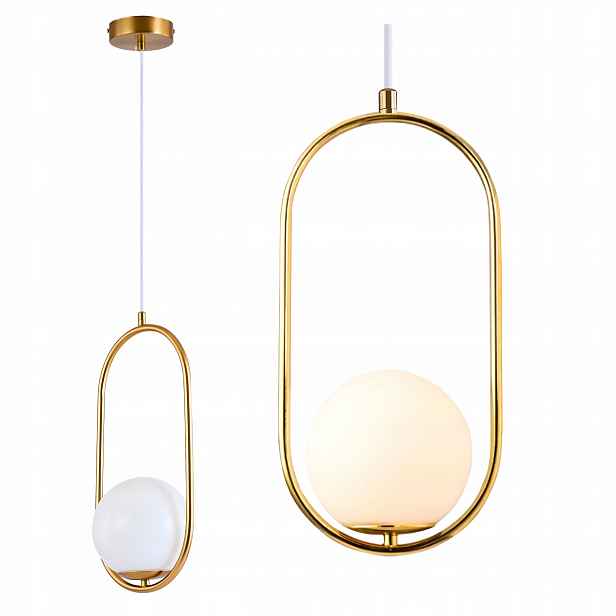 Závěsná stropní Led lampa Bílá Kula skleněná Zlatý Rám do obývacího pokoje glamour