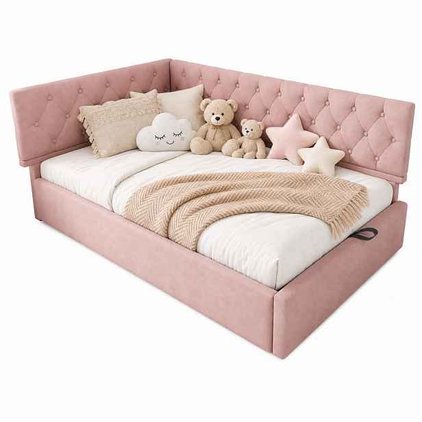 CHICFURN ČALOUNĚNÁ POSTEL 90/190 cm v růžové barvě s úložným prostorem ze sametu