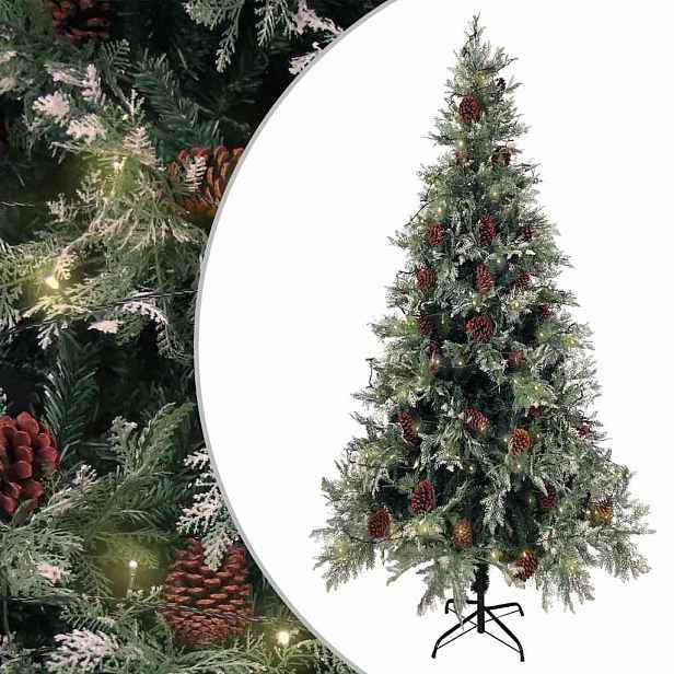 vidaXL Vánoční stromek s LED a šiškami zelený a bílý 225 cm PVC a PE