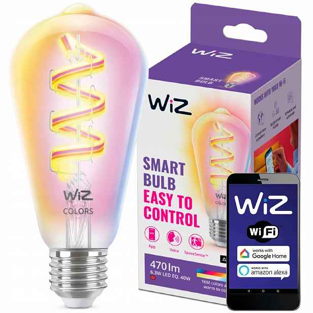 Led žárovka E27 ST64 6,3W 40W Cct Rgb Filament Smart WiFi Aplikace WiZ