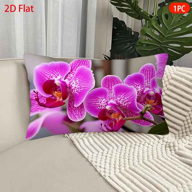 TEMU 2D plochý - 1 ks 2D plochý fialový orchidejový květinový povlak na polštář | Polyester, oboustranný potisk, zapínání na zip, lze prát v pračce,