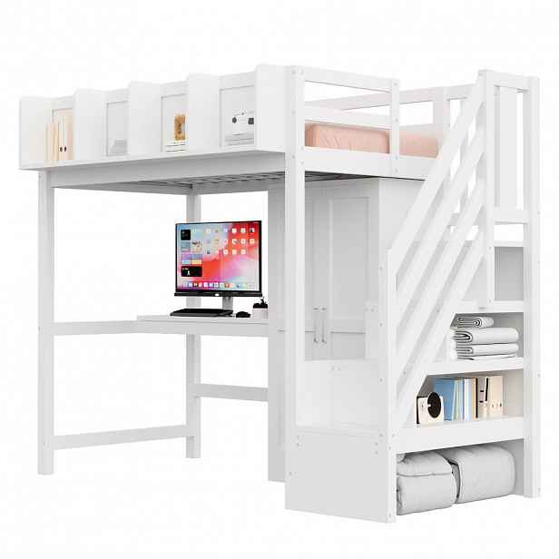 CHICFURN VYVÝŠENÁ POSTEL 90/200 cm v bílé barvě se stolem, skříní, LED a zásuvkou