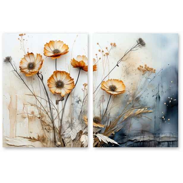 Boho Rostliny Suché Květiny sada 2 plakátů B1 100x70cm obraz béžová tráva #379