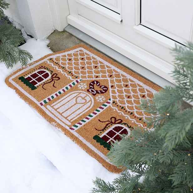 Hnědá kokosová rohožka perníková chaloupka Gingerbread – 75*45*1,5 cm Chic Antique