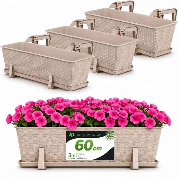 3 x Balkonový Truhlík Květináč 60 cm S Úchytkami Set Béžová