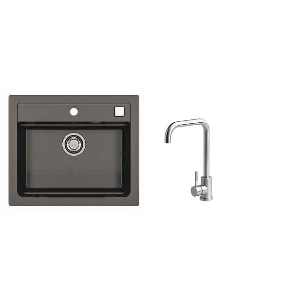SET ALVEUS ATROX 30/91 + BATERIE ANGEL - obdélníkový černý granitový dřez 590x500x200 mm v setu s baterií