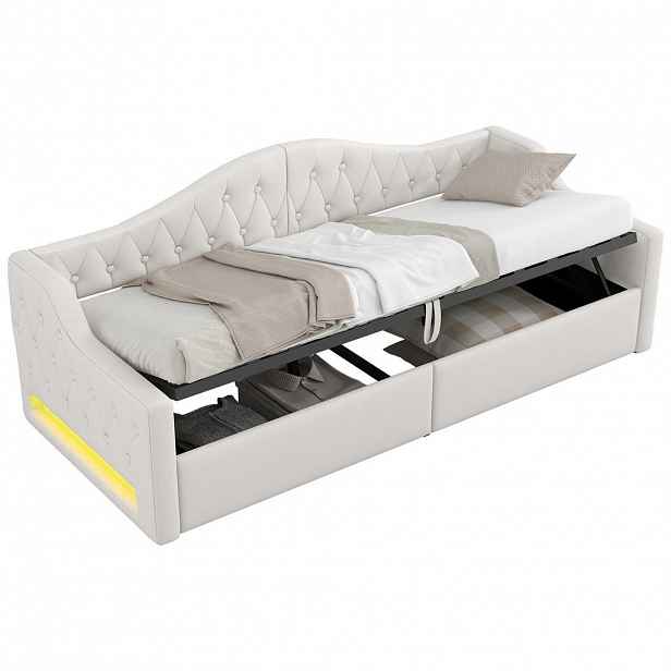 CHICFURN ČALOUNĚNÉ DENNÍ LŮŽKO 90/200 cm v béžové barvě s úložným prostorem a LED osvětlením