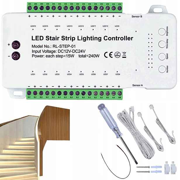 Led Schodišťový Ovladač 16 Stupňů Schodů Kanálů 12-24V 240W Senzory Pir