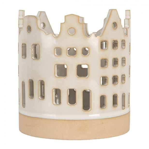 Béžový keramický svícen na čajovou svíčku s domky - Ø 11*11 cm Clayre & Eef