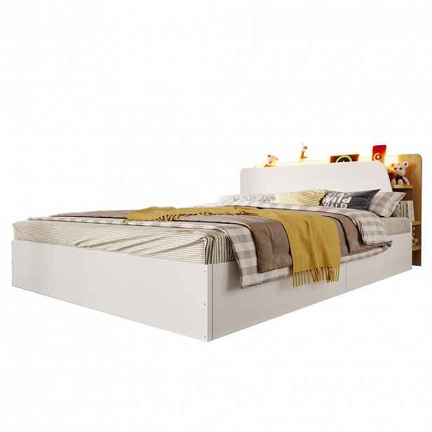 CHICFURN POSTEL 140/200 cm v bílé a přírodní barvě s úložným prostorem, LED osvětlením, USB a Type-C